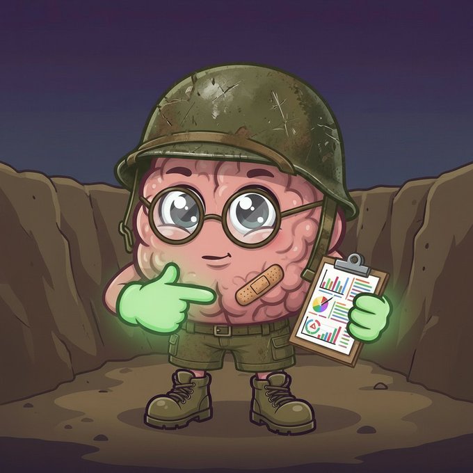 RUGPROOFMIND brain soldier reviewing a market chart in the trenches