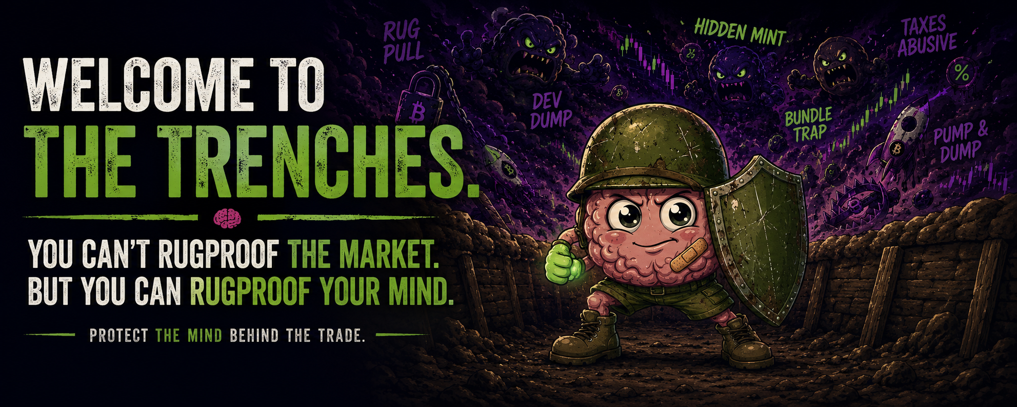 Welcome to the trenches: the RUGPROOFMIND brain soldier defending against crypto market threats